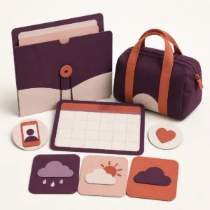 Preparation folder with calendar, video-call token, travel bag, heart and feelings cards