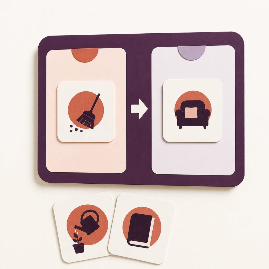 Illustrative First and Then board showing a task followed by a preferred activity