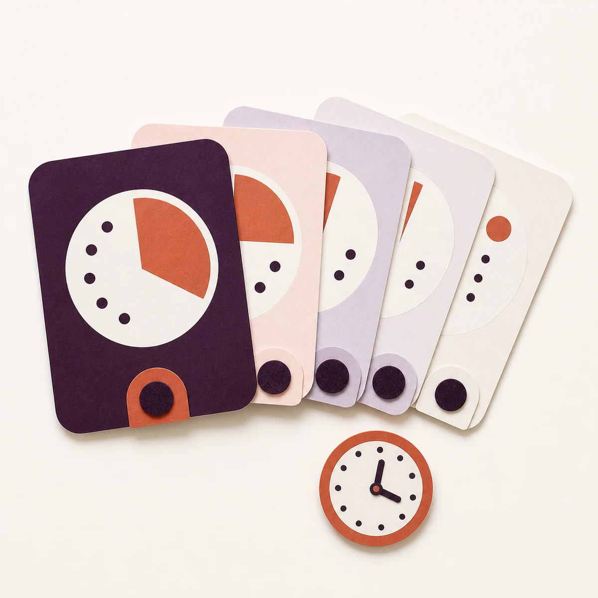 A fan of visual countdown cards with changing timer shapes