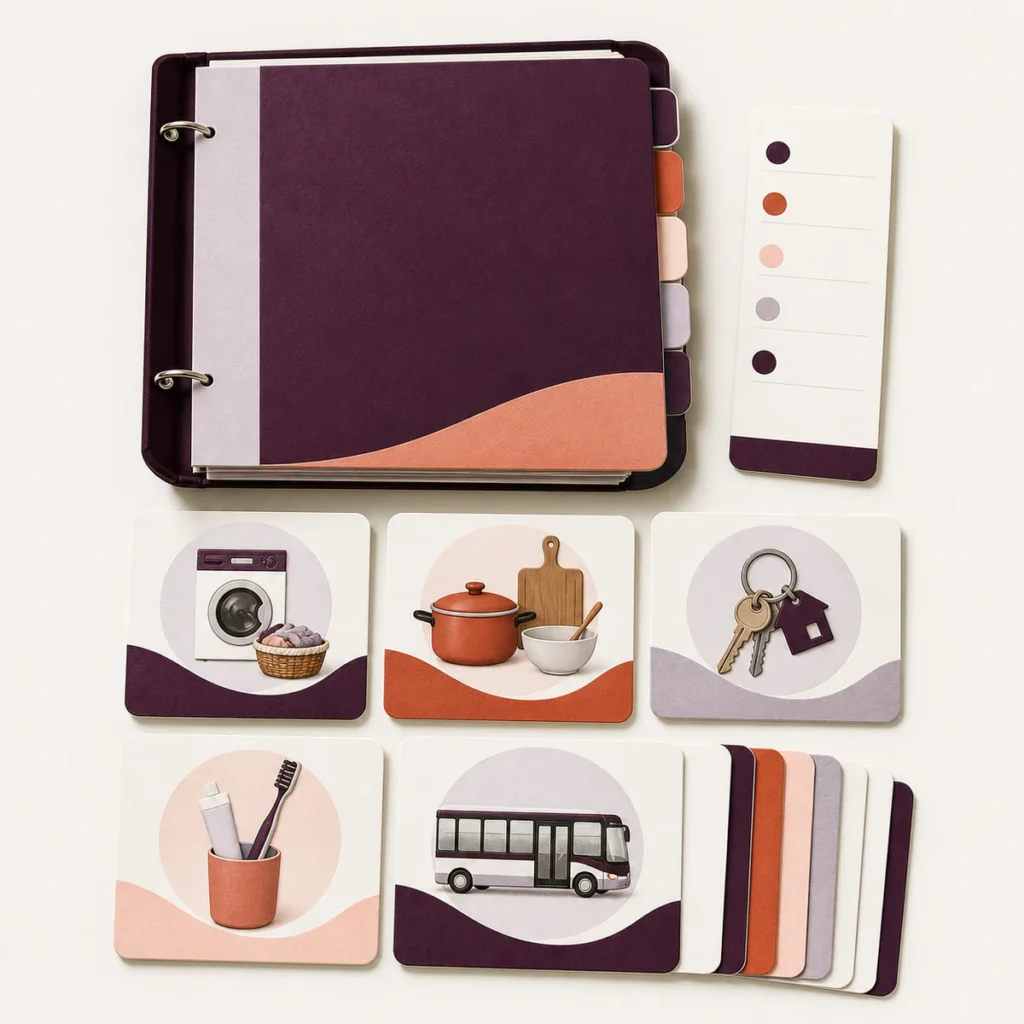 Daily-living skills binder with laundry, cooking, home, dental care and transport cards