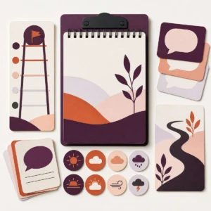 Structured session toolkit with workbook, goal ladder, conversation cards and check-in tokens