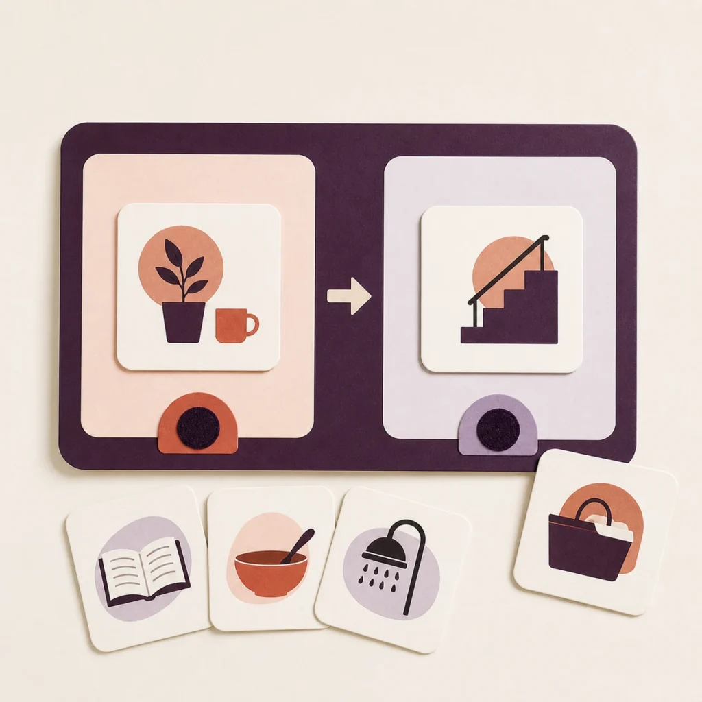 Illustrative two-step visual board with activity cards and a directional arrow