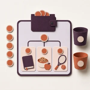 Visual budgeting board with wallet, coin tokens, saving pots and choice cards