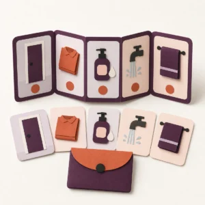 Discreet five-step hygiene routine cards with bathroom door, clothing, soap, water and towel