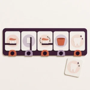 Five-card visual sequence showing the steps of brushing teeth