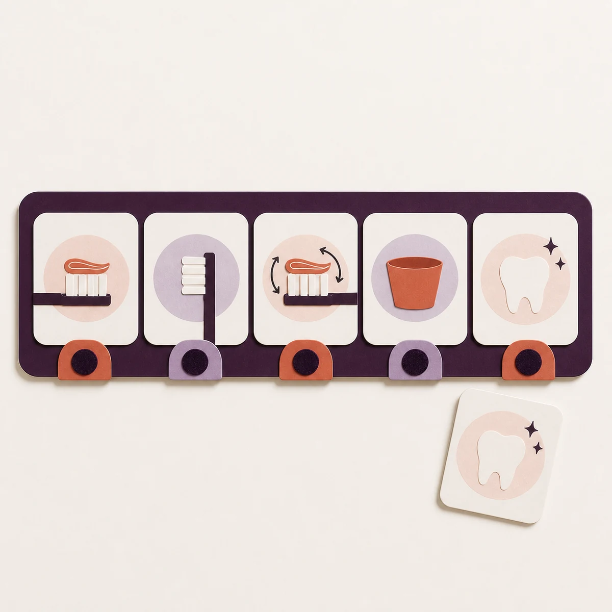A five-card visual sequence showing the steps of brushing teeth