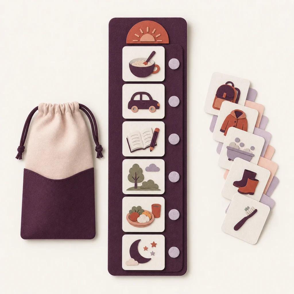 Vertical daily visual timetable with activity cards, storage pouch and spare tokens
