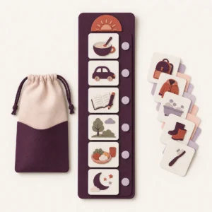 Vertical daily visual timetable with activity cards, storage pouch and spare tokens