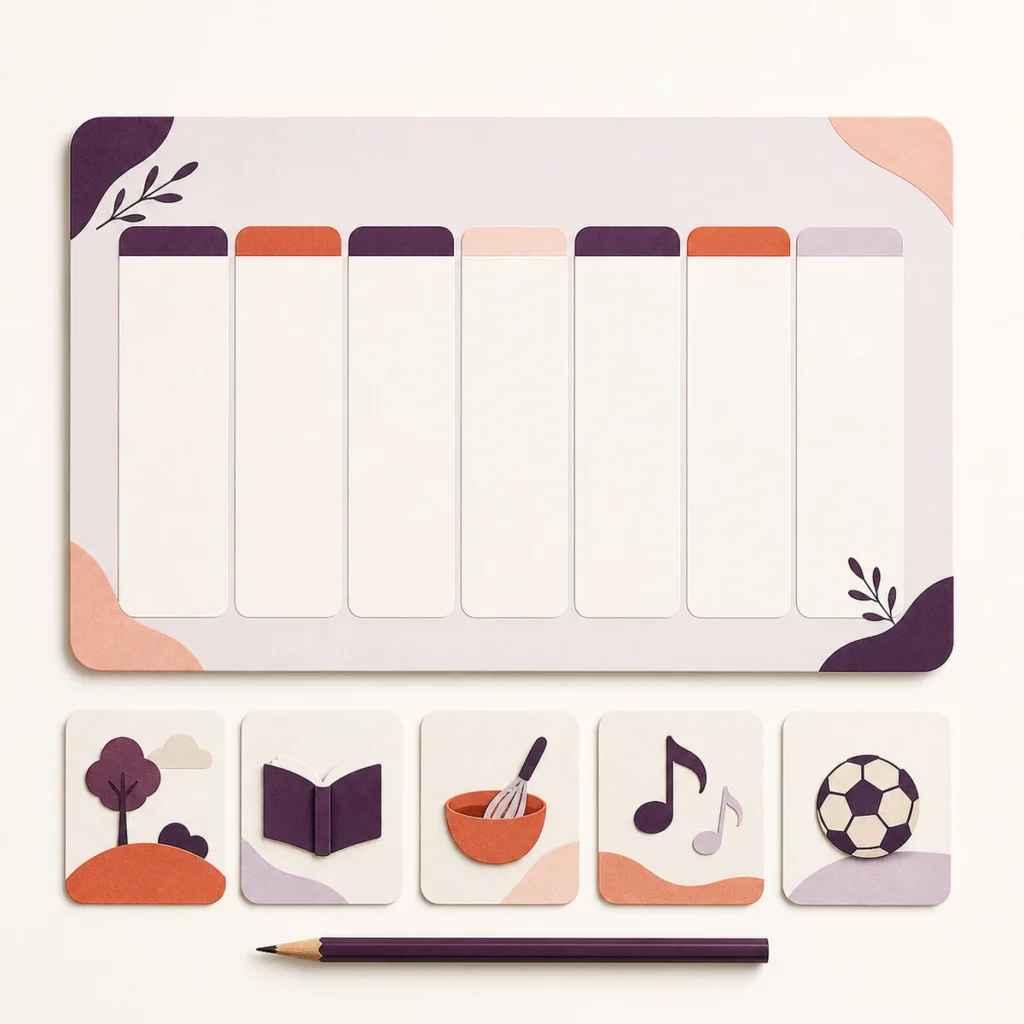 Seven-column weekly planner with removable outdoor, reading, cooking, music and sport cards