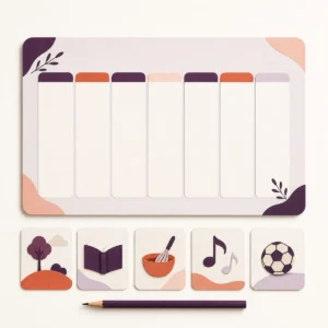 Seven-column weekly planner with removable outdoor, reading, cooking, music and sport cards